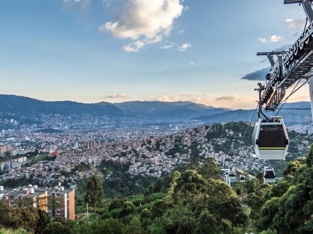 Cable car above Medellin skyline