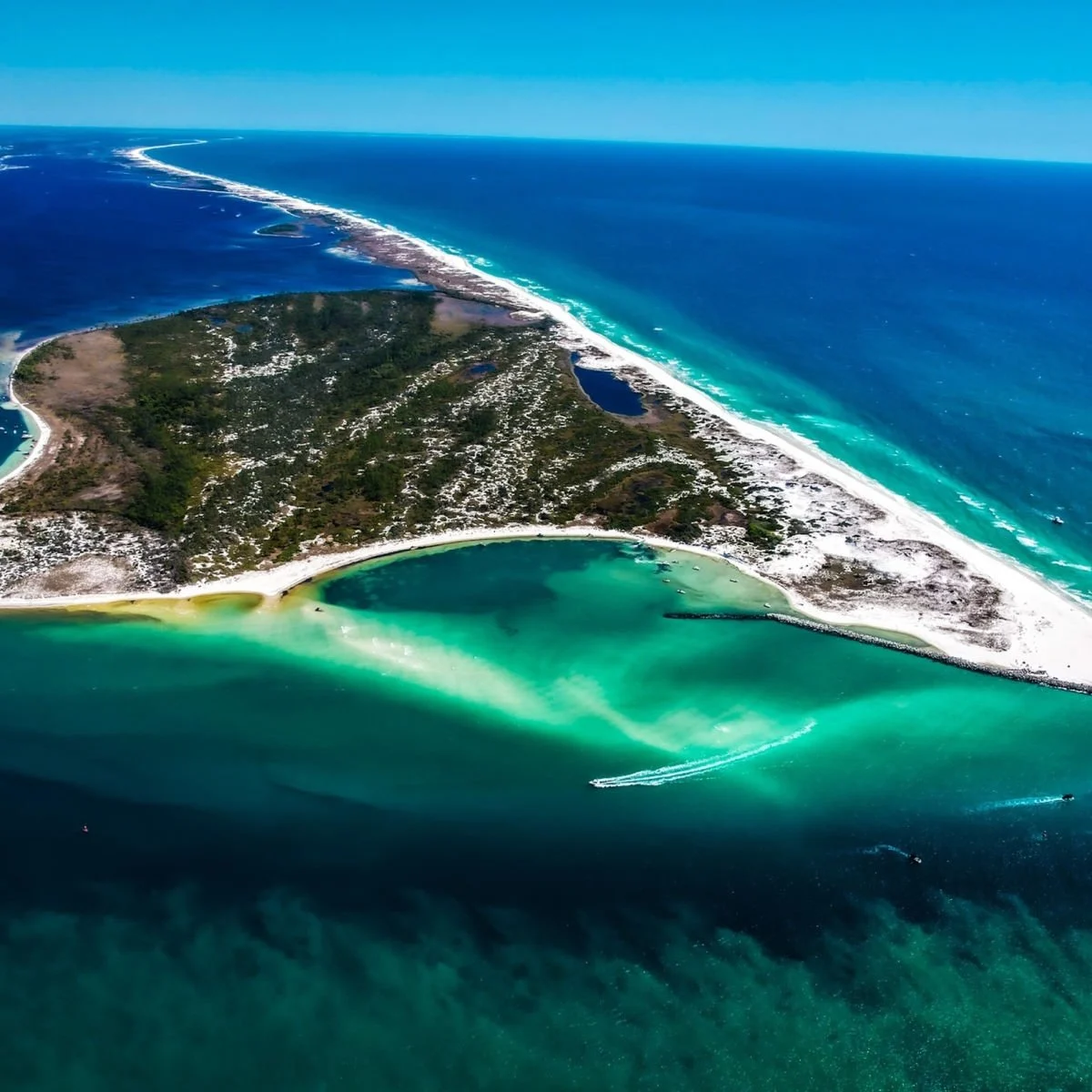 Aerial view of white sand shores of Shell Island, Florida