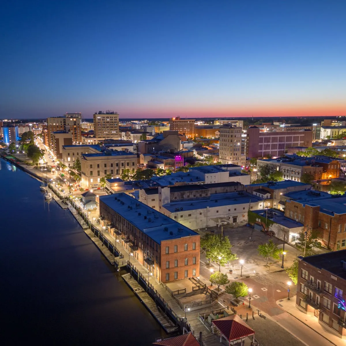 Aerial view of Wilmington, NC at night