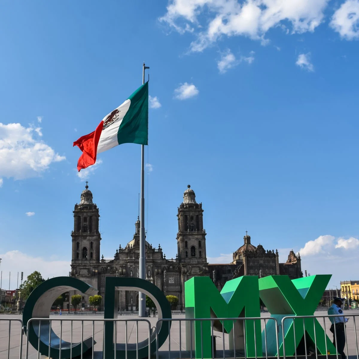 CDMX sign and Mexico flag in Zocalo of Mexico City