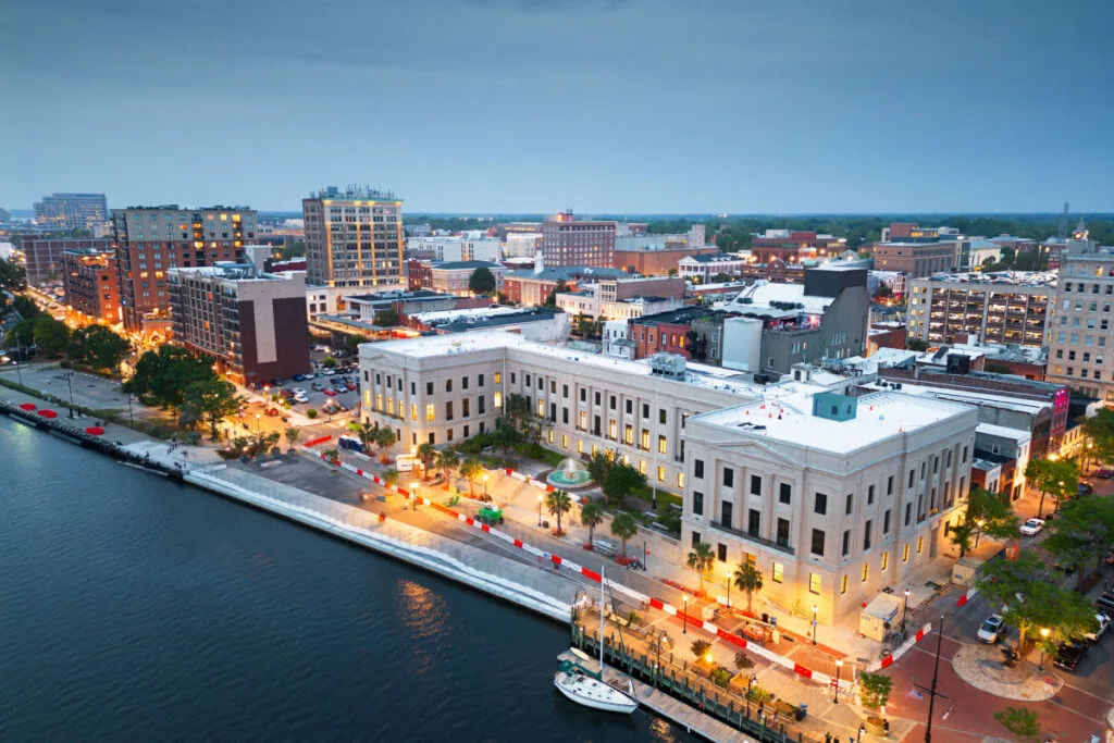 Evening view of Wilmington, NC skyline