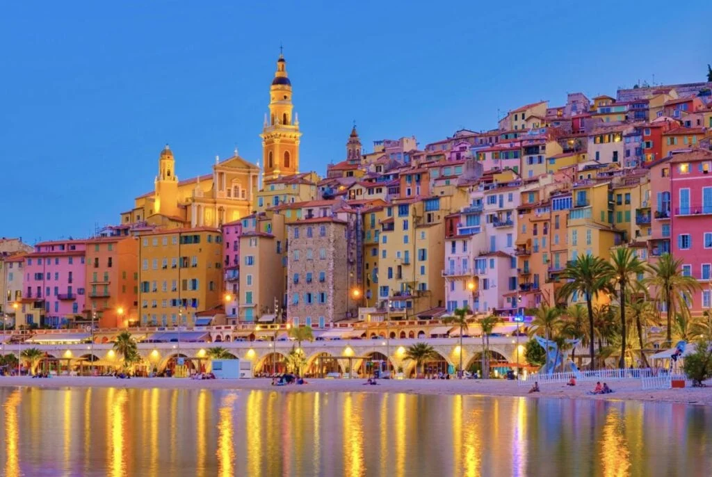 Colorful European town at night