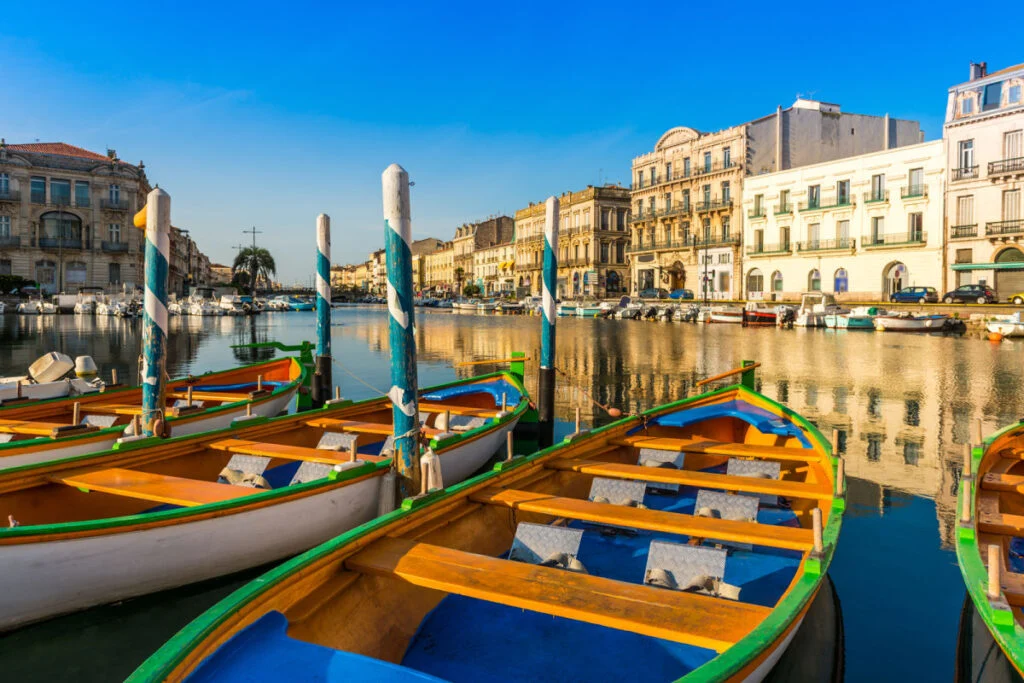 Boats lining canal in Sete, France