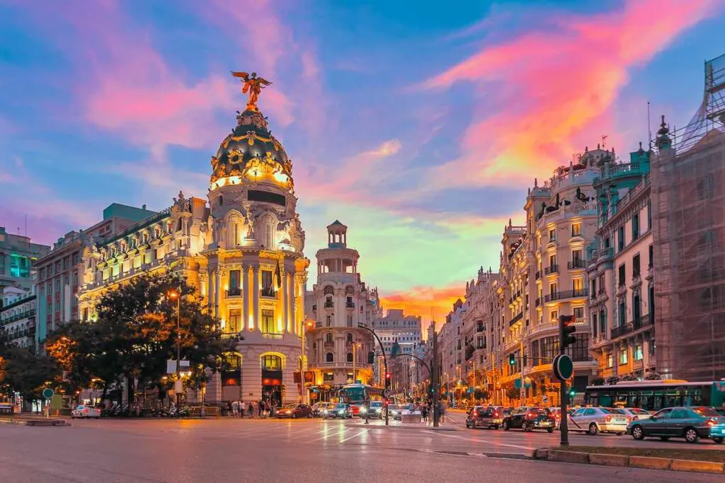 Spain Gran Via iconic street at sunset.