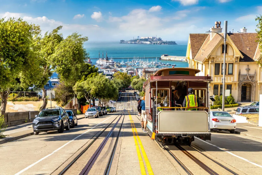 San Francisco cable car with Alcatraz in background