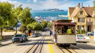 San Francisco cable car with Alcatraz in background
