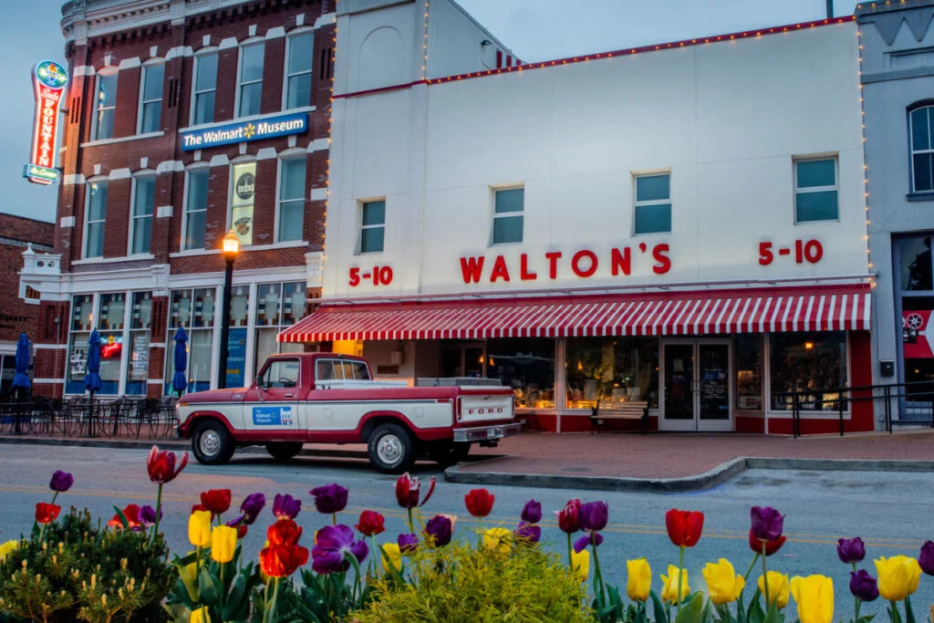 Flowers blooming on picturesque street in downtown Bentonville, AR