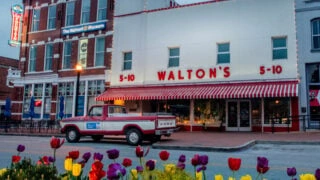 Flowers blooming on picturesque street in downtown Bentonville, AR