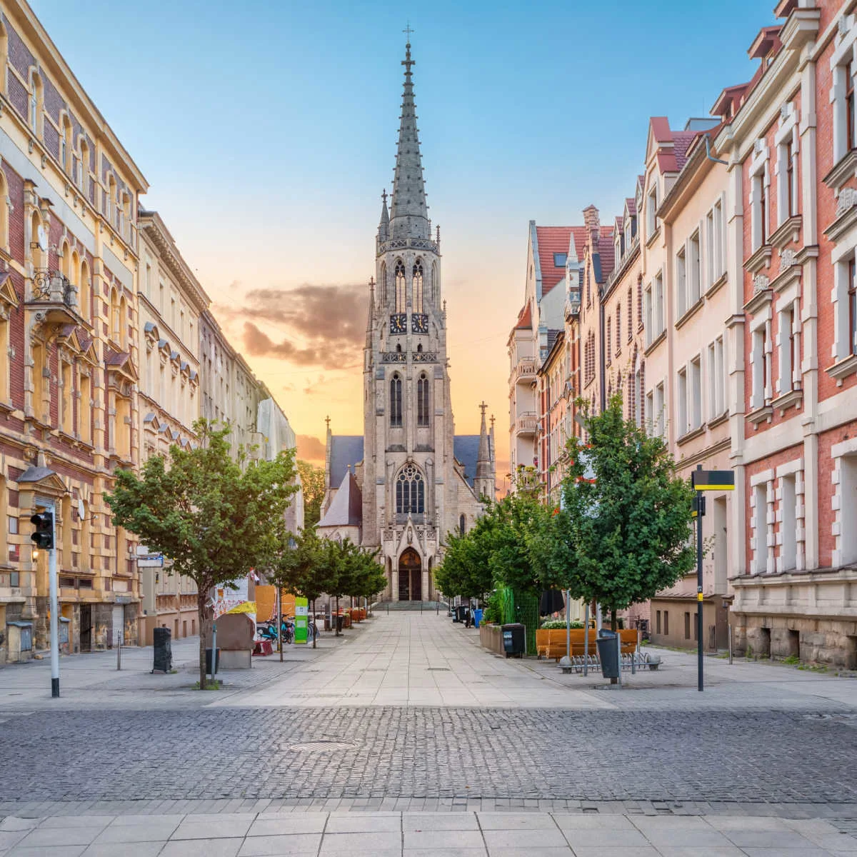 Mariacka pedestrian street and Virgin Mary church in Katowice, Poland