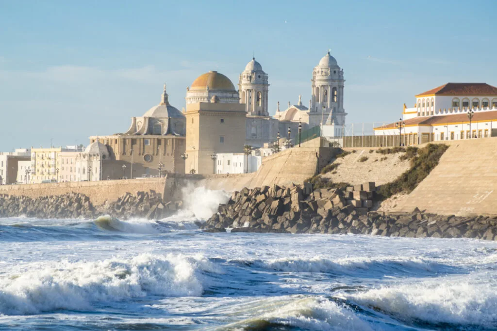 Waves crashing near Cadiz Cathedral (Spain)