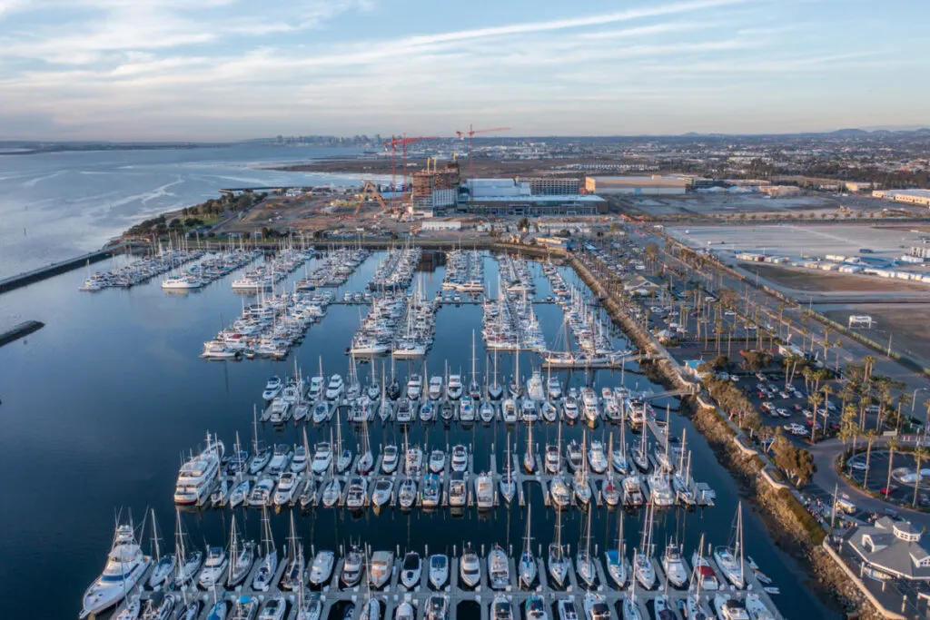 Aerial view of Chula Vista Marina with downtown San Diego skyline as backdrop