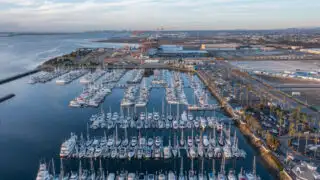 Aerial view of Chula Vista Marina with downtown San Diego skyline as backdrop