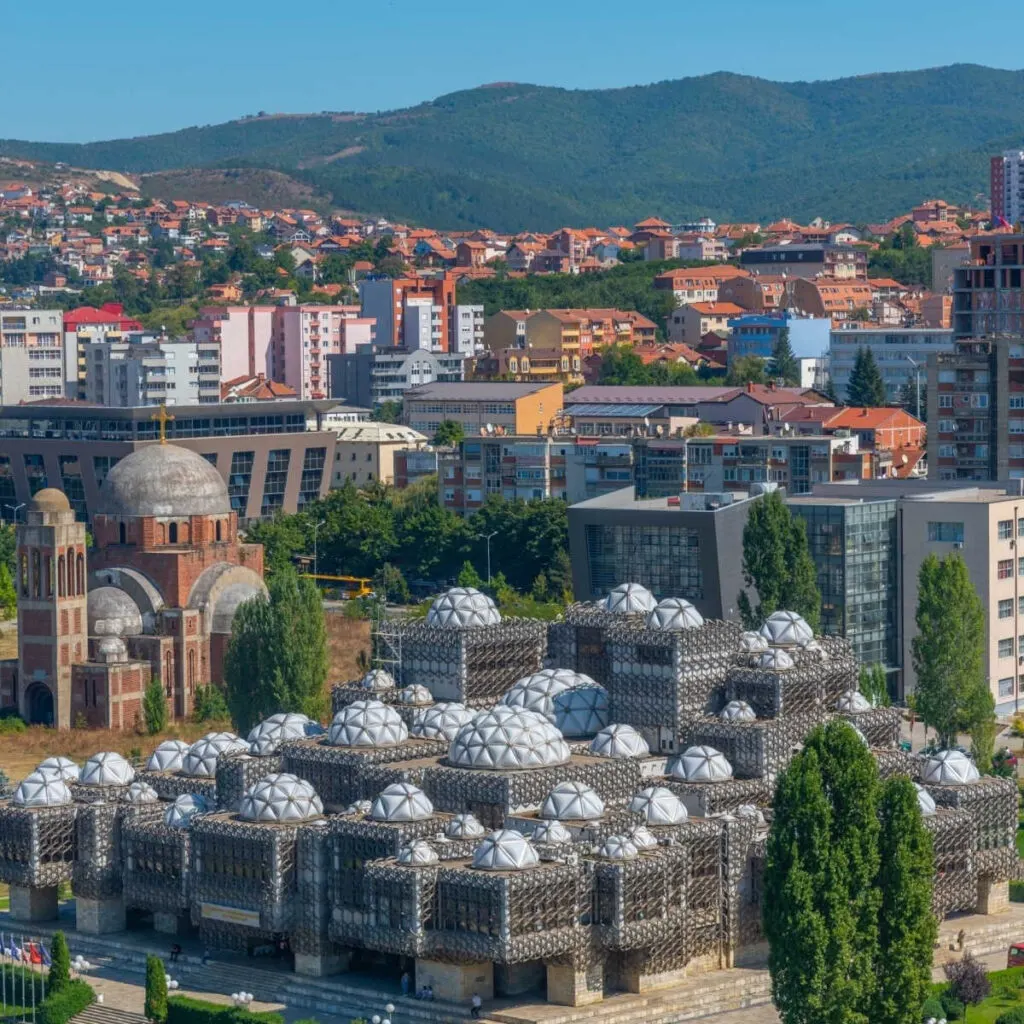 National library of Kosovo and unfinished serbian orthodox church of Christ the Saviour in Prishtina, Kosovo