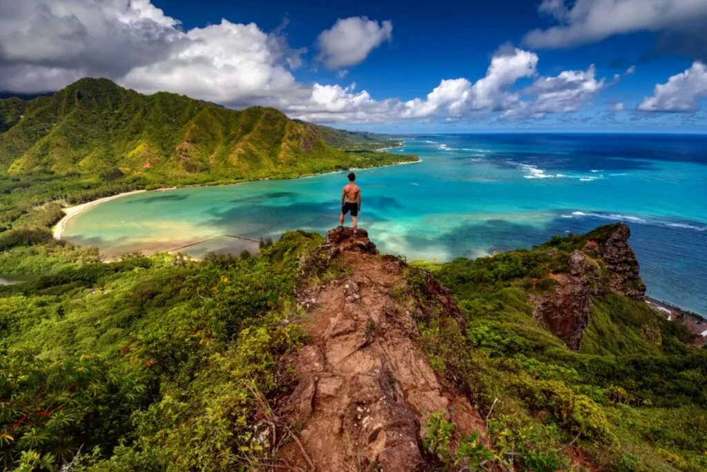 Hiker looking at view in Hawaii