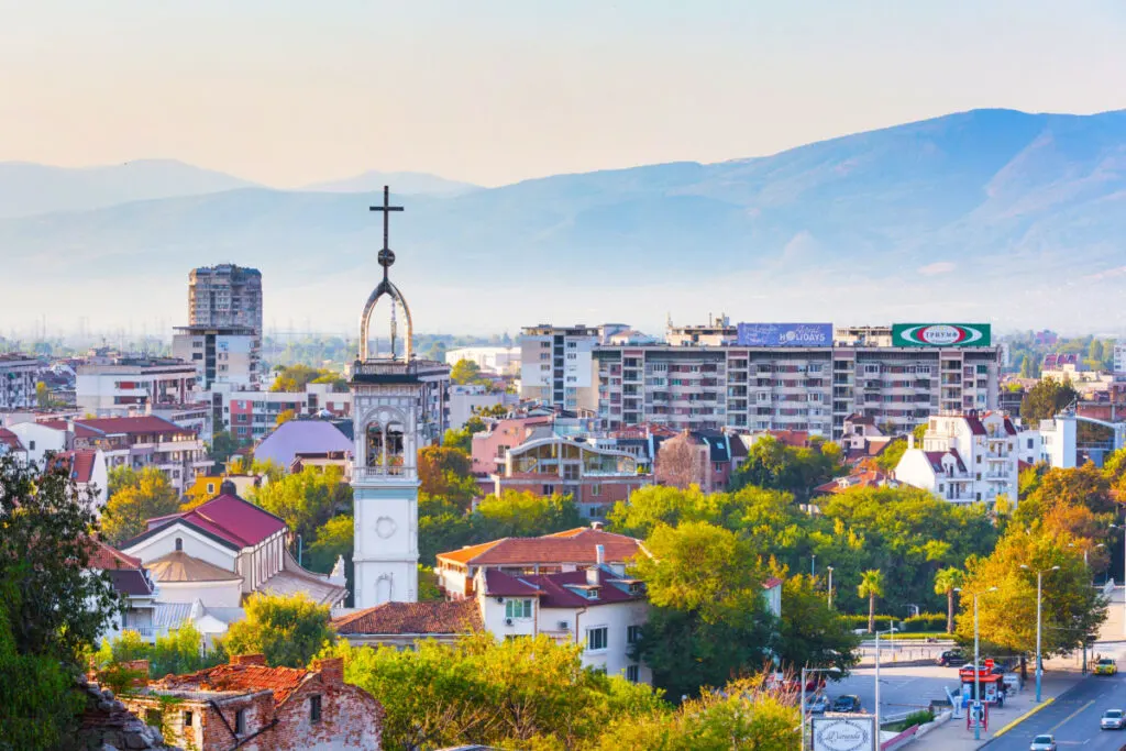 Plovdiv, Bulgaria aerial view of city with mountains in the background