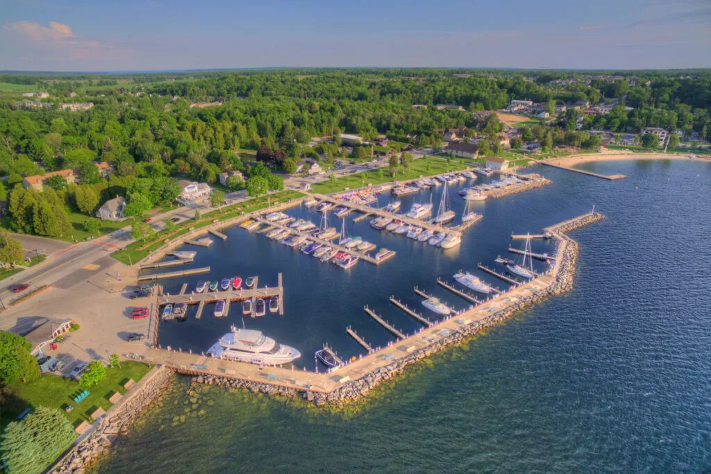 Aerial view of Sister Bay, Wisconsin in spring