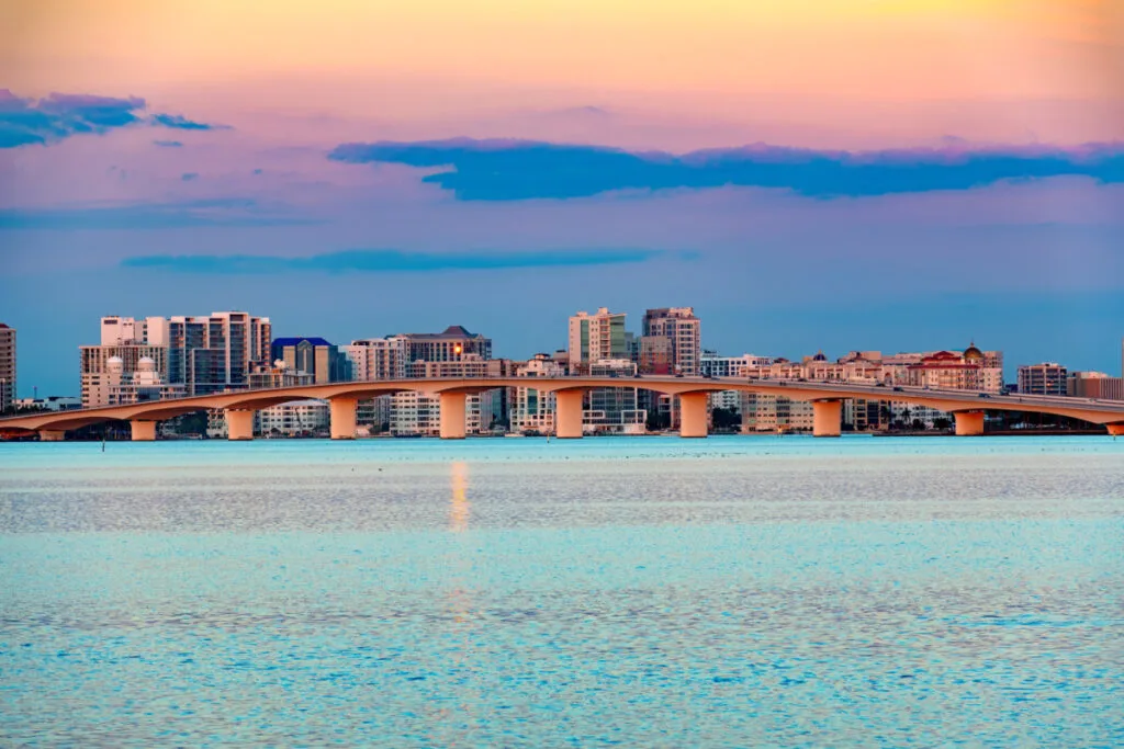 Sarasota skyline and waterfront at twilight