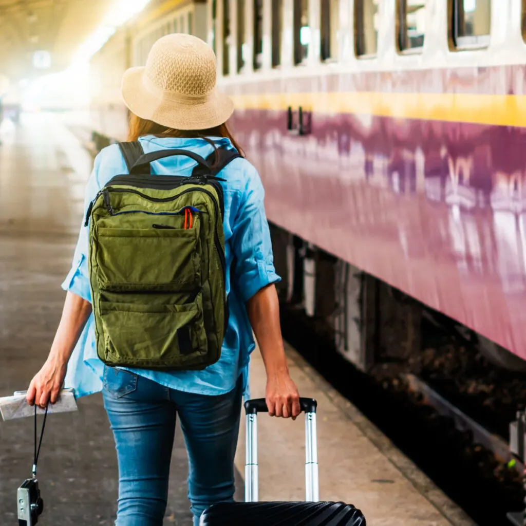 Traveler Boarding A Train With Luggage