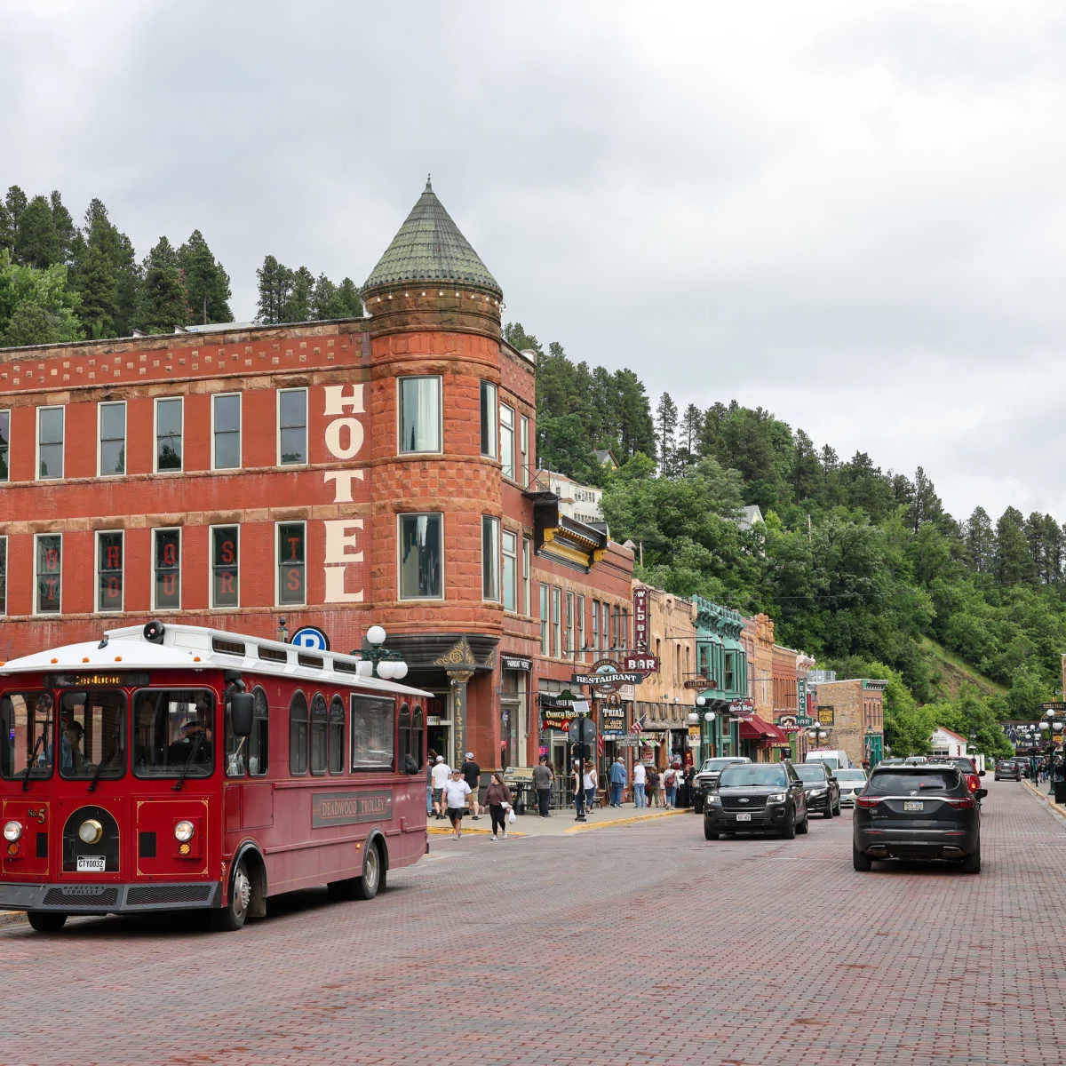 Trolley passing through Deadwood, SD town center