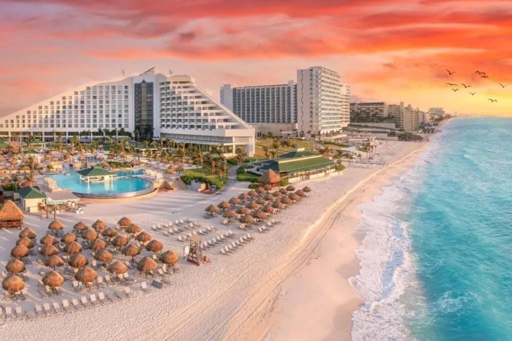 Cancun resorts and beach at sunset. Mexico