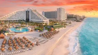 Cancun resorts and beach at sunset. Mexico