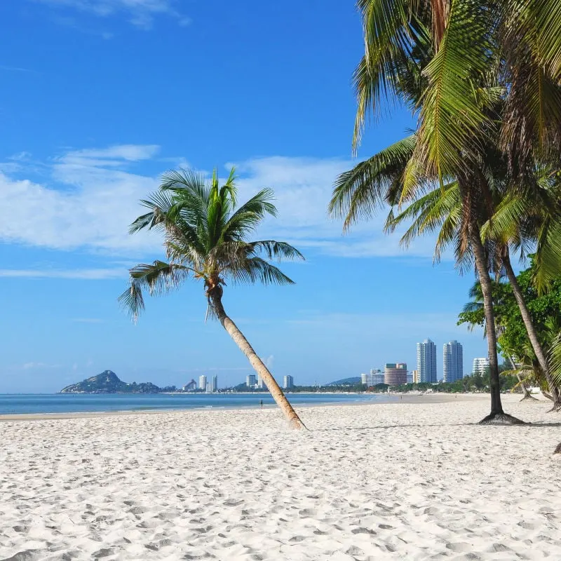 White sand of Hua Hin and resorts in the distance